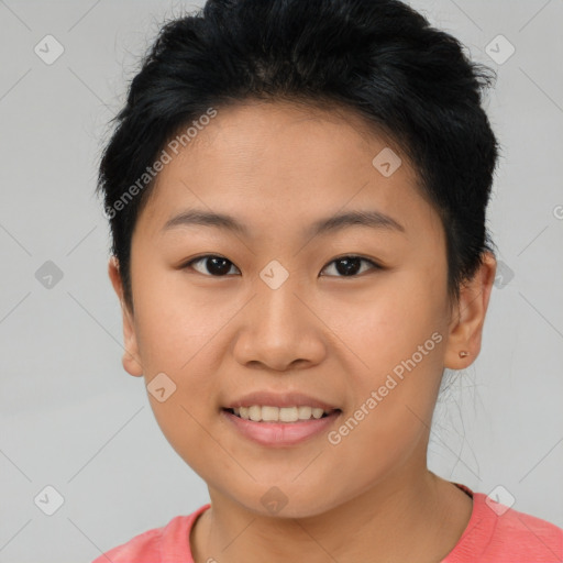 Joyful asian young-adult female with short  brown hair and brown eyes