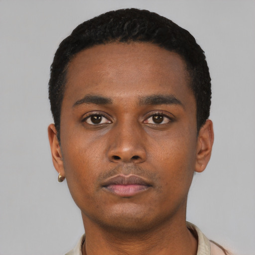 Neutral black young-adult male with short  black hair and brown eyes