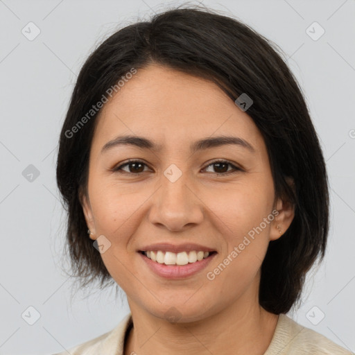 Joyful latino young-adult female with medium  brown hair and brown eyes