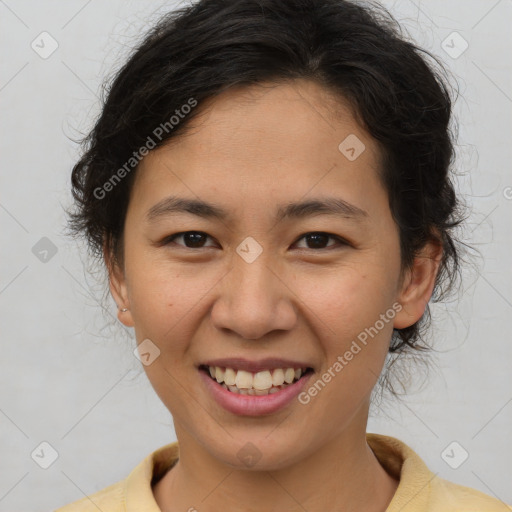 Joyful latino young-adult female with short  brown hair and brown eyes