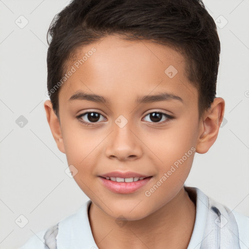 Joyful white child female with short  brown hair and brown eyes