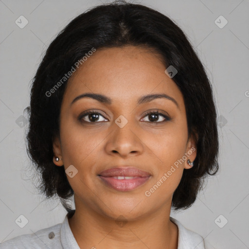Joyful black young-adult female with medium  brown hair and brown eyes