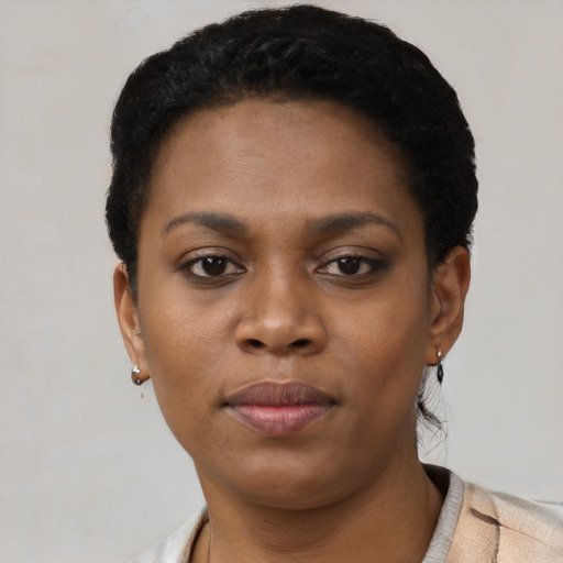 Neutral black young-adult female with short  black hair and brown eyes