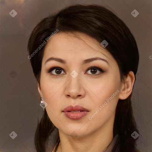Neutral white young-adult female with long  brown hair and brown eyes