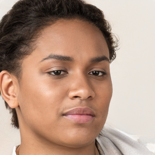 Neutral white young-adult female with short  brown hair and brown eyes