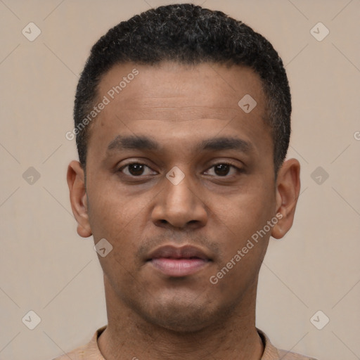 Neutral latino young-adult male with short  black hair and brown eyes