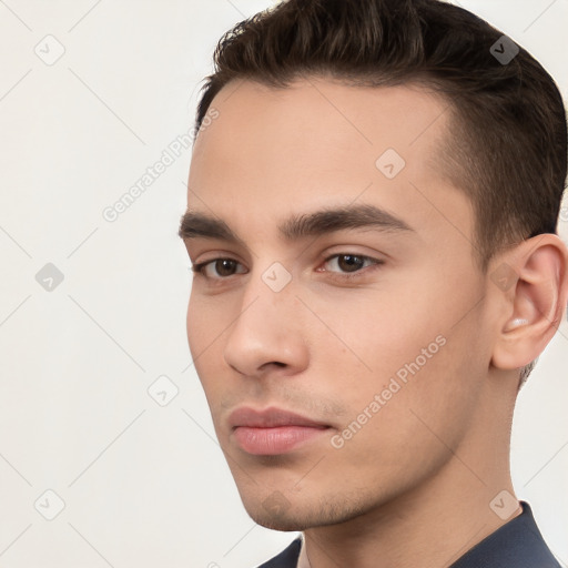 Neutral white young-adult male with short  brown hair and brown eyes