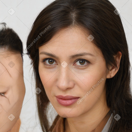 Neutral white young-adult female with medium  brown hair and brown eyes