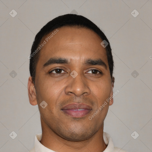 Neutral black young-adult male with short  brown hair and brown eyes