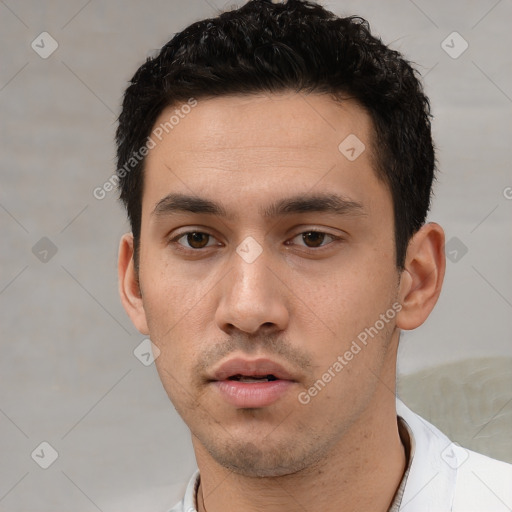 Neutral white young-adult male with short  black hair and brown eyes