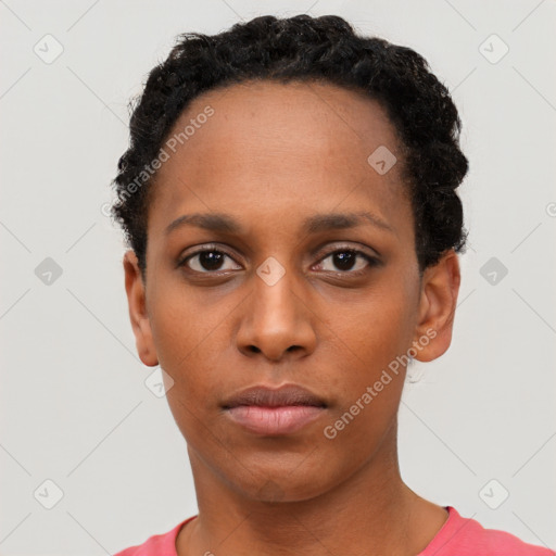 Neutral black young-adult female with short  black hair and brown eyes