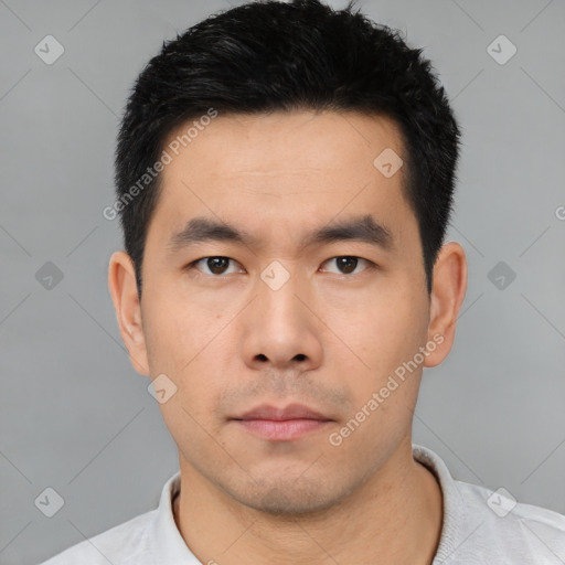 Neutral asian young-adult male with short  black hair and brown eyes