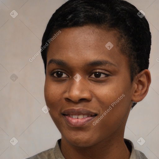 Joyful black young-adult female with short  black hair and brown eyes