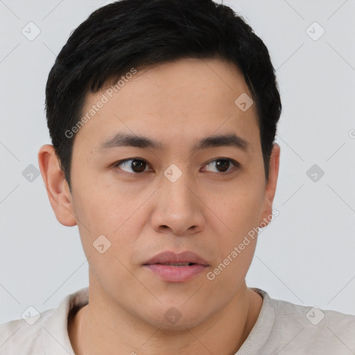 Neutral asian young-adult male with short  brown hair and brown eyes