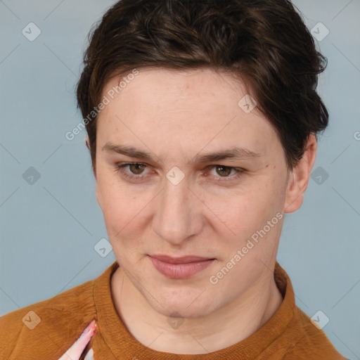 Joyful white adult female with short  brown hair and brown eyes