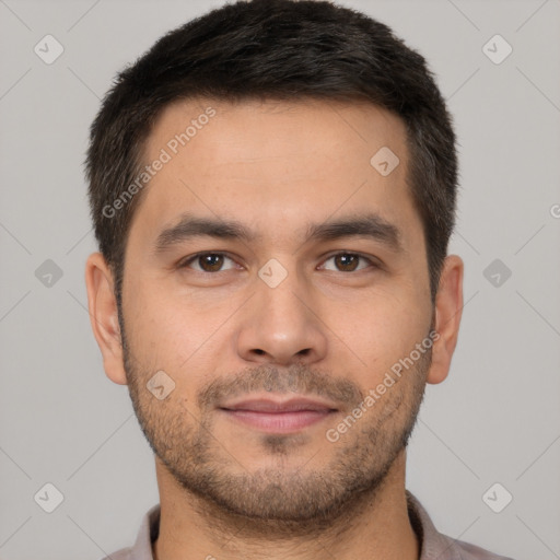 Neutral white young-adult male with short  brown hair and brown eyes