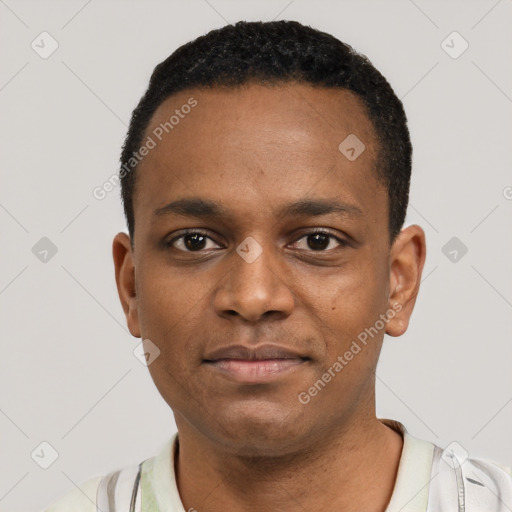 Neutral black young-adult male with short  black hair and brown eyes