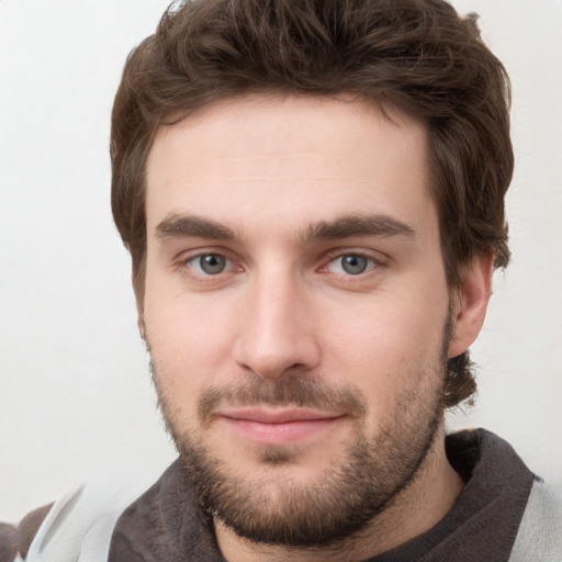 Neutral white young-adult male with short  brown hair and grey eyes