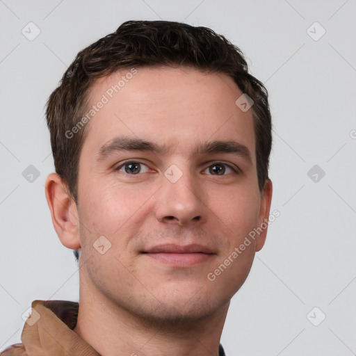 Neutral white young-adult male with short  brown hair and brown eyes