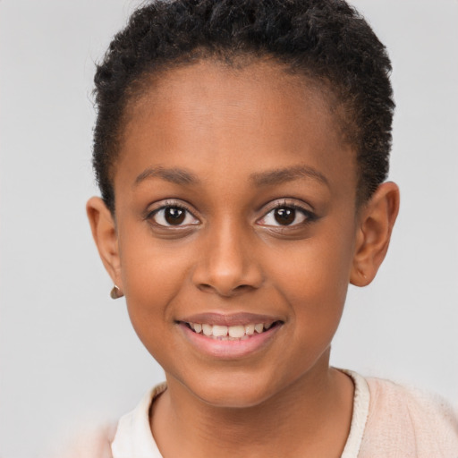 Joyful black child female with short  brown hair and brown eyes