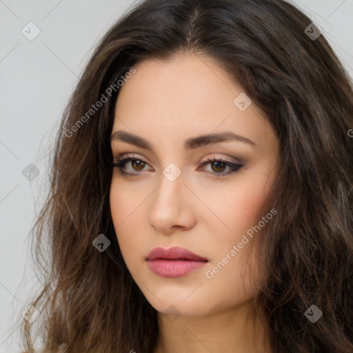 Neutral white young-adult female with long  brown hair and brown eyes