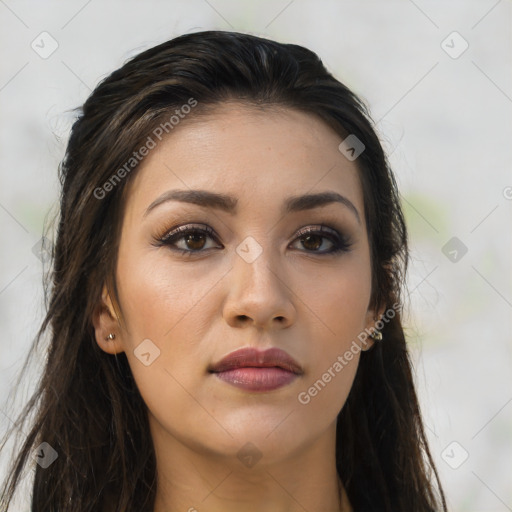 Joyful asian young-adult female with long  brown hair and brown eyes