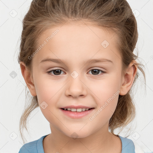 Joyful white child female with medium  brown hair and brown eyes