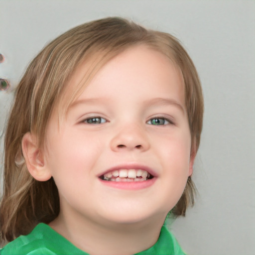 Joyful white child female with medium  brown hair and blue eyes