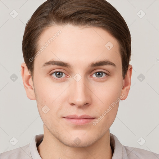 Neutral white young-adult male with short  brown hair and grey eyes