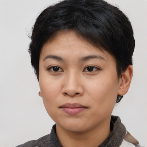 Neutral asian young-adult female with short  brown hair and brown eyes