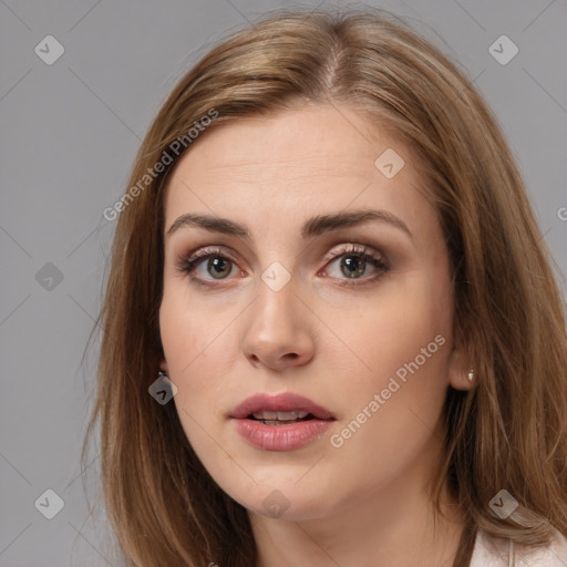 Neutral white young-adult female with long  brown hair and brown eyes