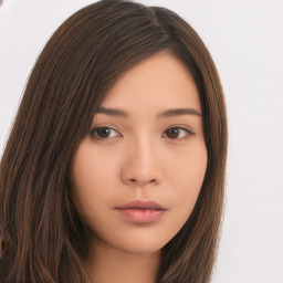 Neutral asian young-adult female with long  brown hair and brown eyes