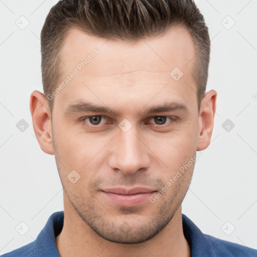 Neutral white young-adult male with short  brown hair and brown eyes