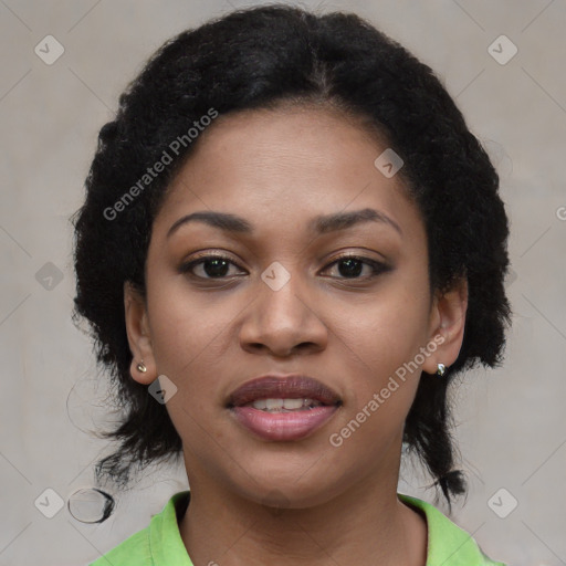 Joyful asian young-adult female with medium  black hair and brown eyes