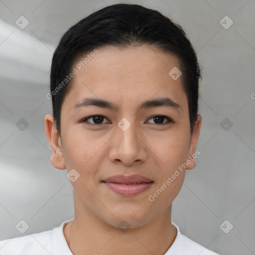 Joyful asian young-adult female with short  brown hair and brown eyes