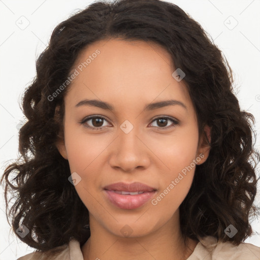 Joyful latino young-adult female with long  brown hair and brown eyes