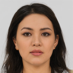 Neutral asian young-adult female with long  brown hair and brown eyes