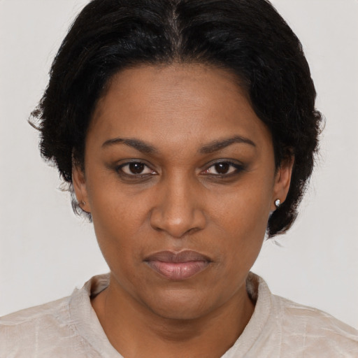 Joyful latino adult female with short  black hair and brown eyes