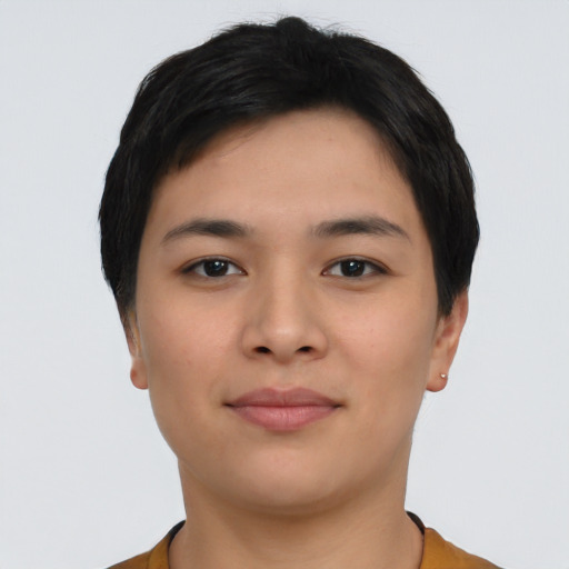 Neutral asian young-adult female with short  black hair and brown eyes