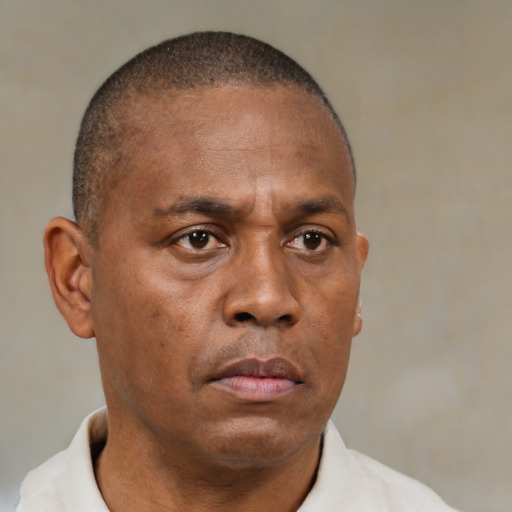 Neutral black adult male with short  brown hair and brown eyes