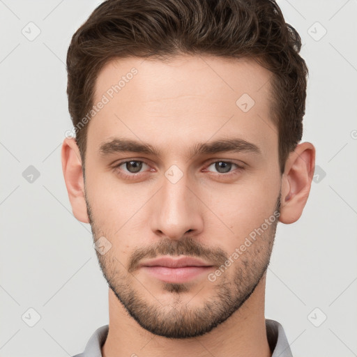 Neutral white young-adult male with short  brown hair and brown eyes