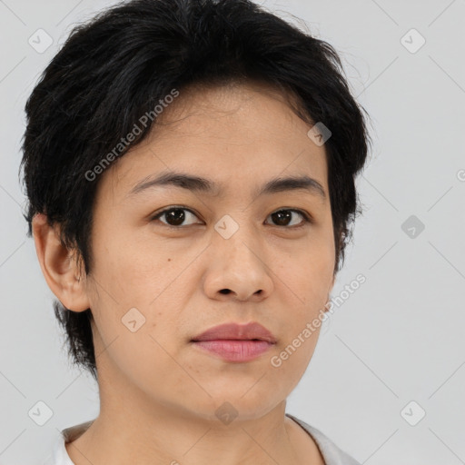 Neutral asian young-adult female with short  brown hair and brown eyes