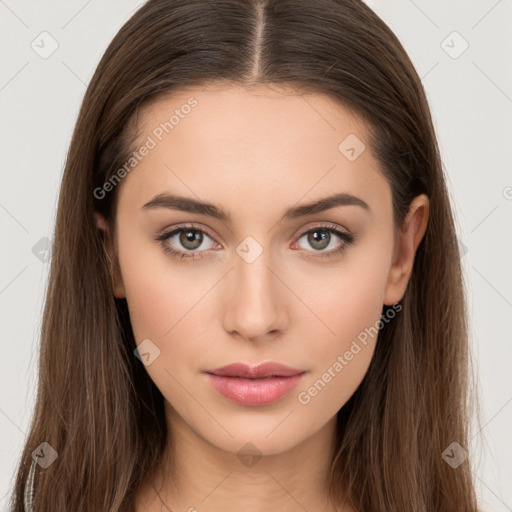 Neutral white young-adult female with long  brown hair and brown eyes