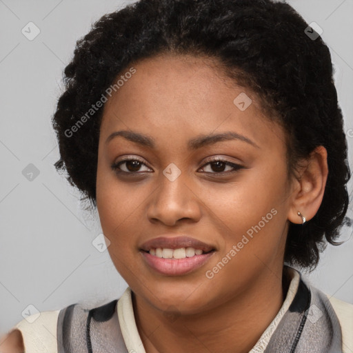 Joyful latino young-adult female with short  black hair and brown eyes