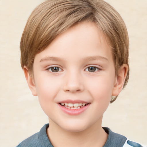 Joyful white child female with short  brown hair and grey eyes