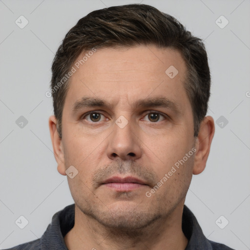 Neutral white adult male with short  brown hair and brown eyes