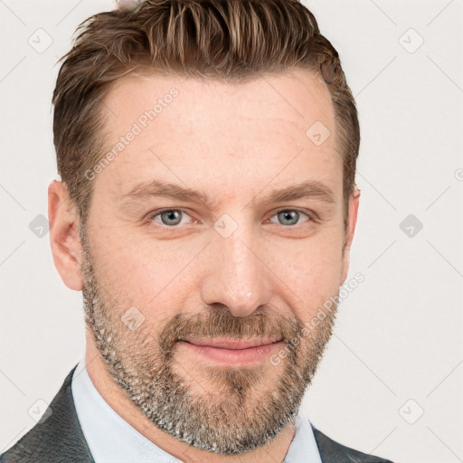 Joyful white adult male with short  brown hair and grey eyes