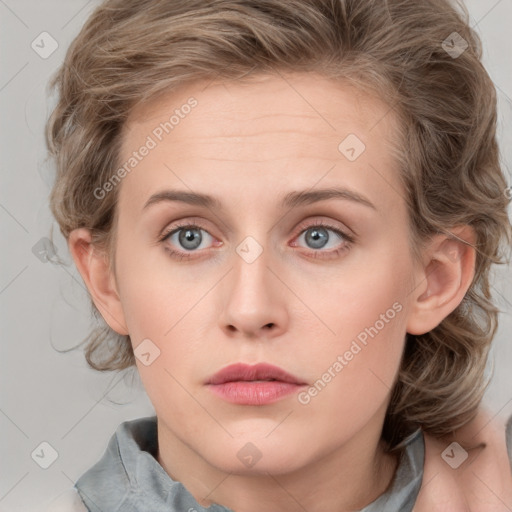 Neutral white young-adult female with medium  brown hair and grey eyes