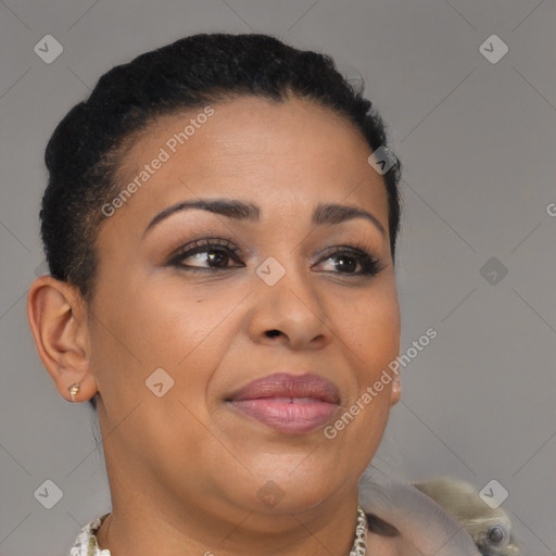 Joyful black adult female with short  brown hair and brown eyes