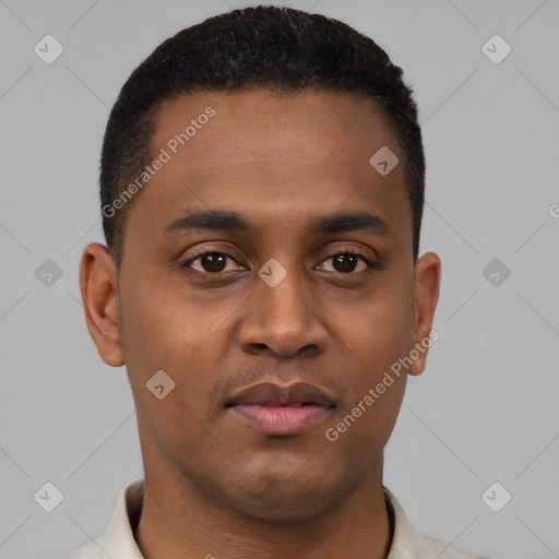 Neutral black young-adult male with short  black hair and brown eyes